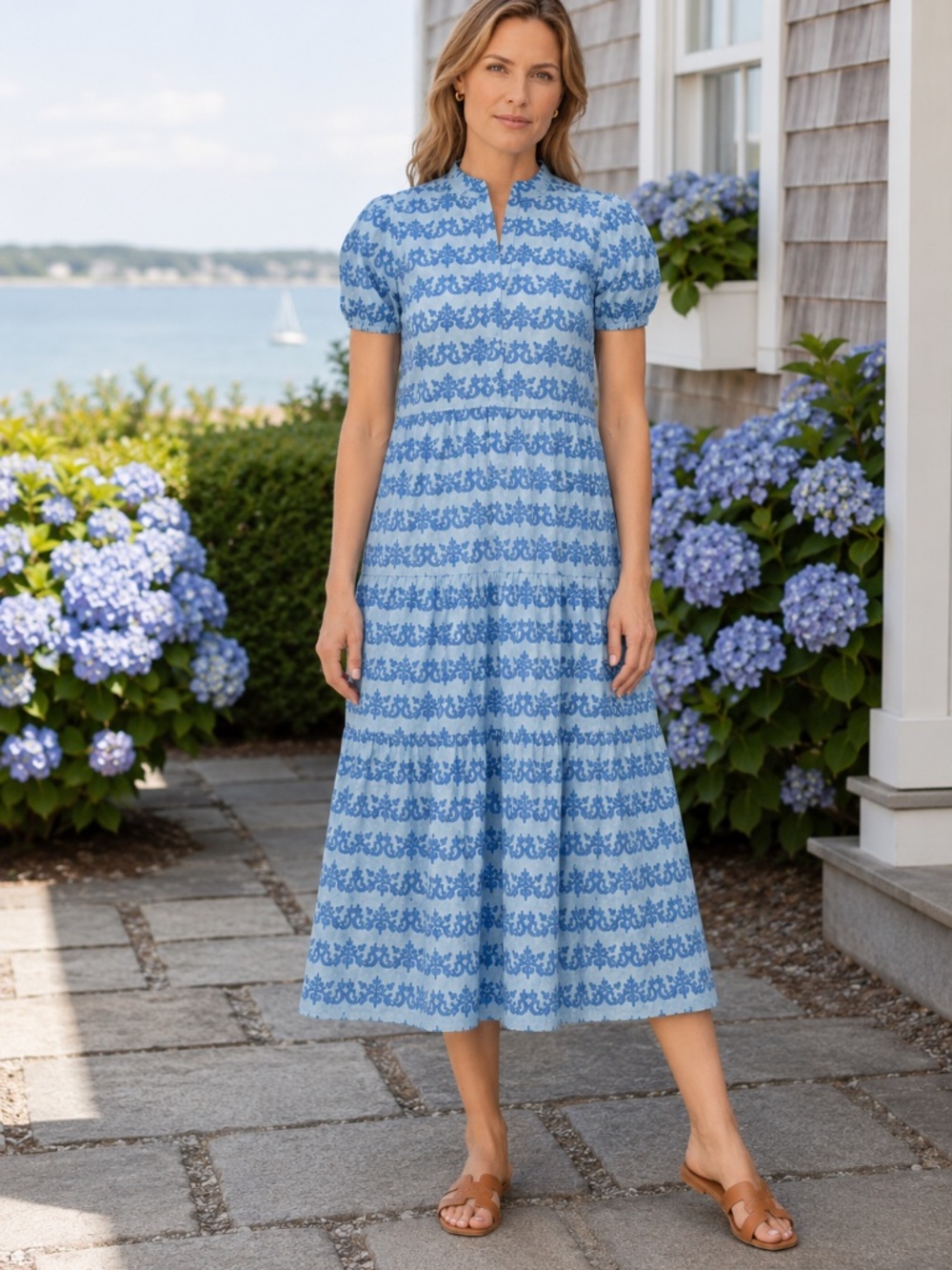 NWT Sail to Sable STS Blue Floral Tiered Cotton Maxi Dress Puff Sleeve Collar L